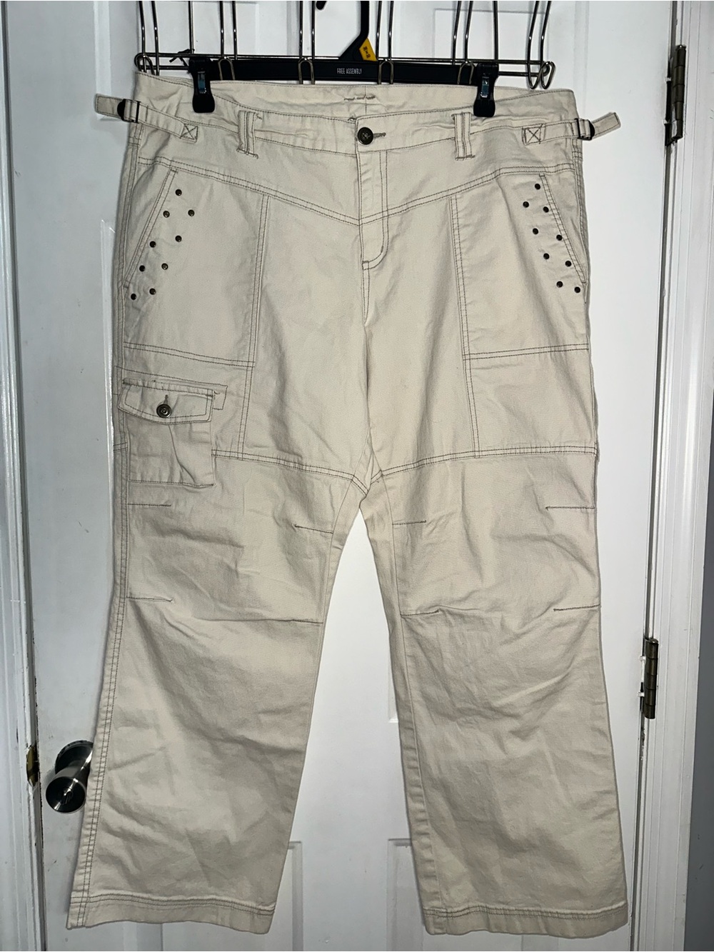 Venezia Cream Straight-Leg Cargo Pants with Stud Detail